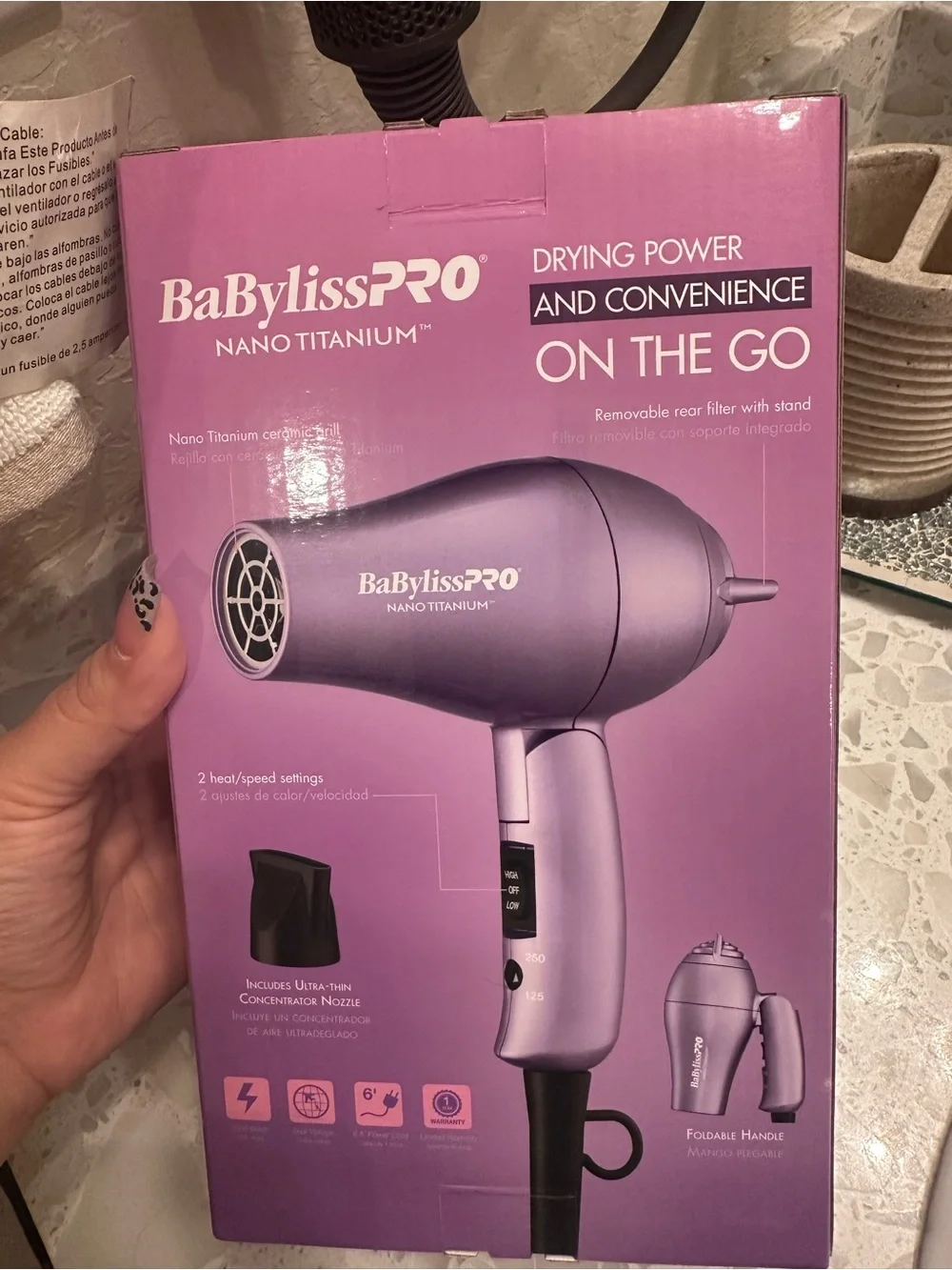 BaBylissPRO Nano Titanium Folding Travel Dryer - Purple